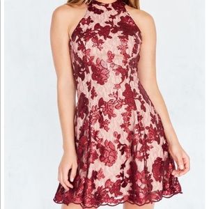 Red embroidered mesh dress